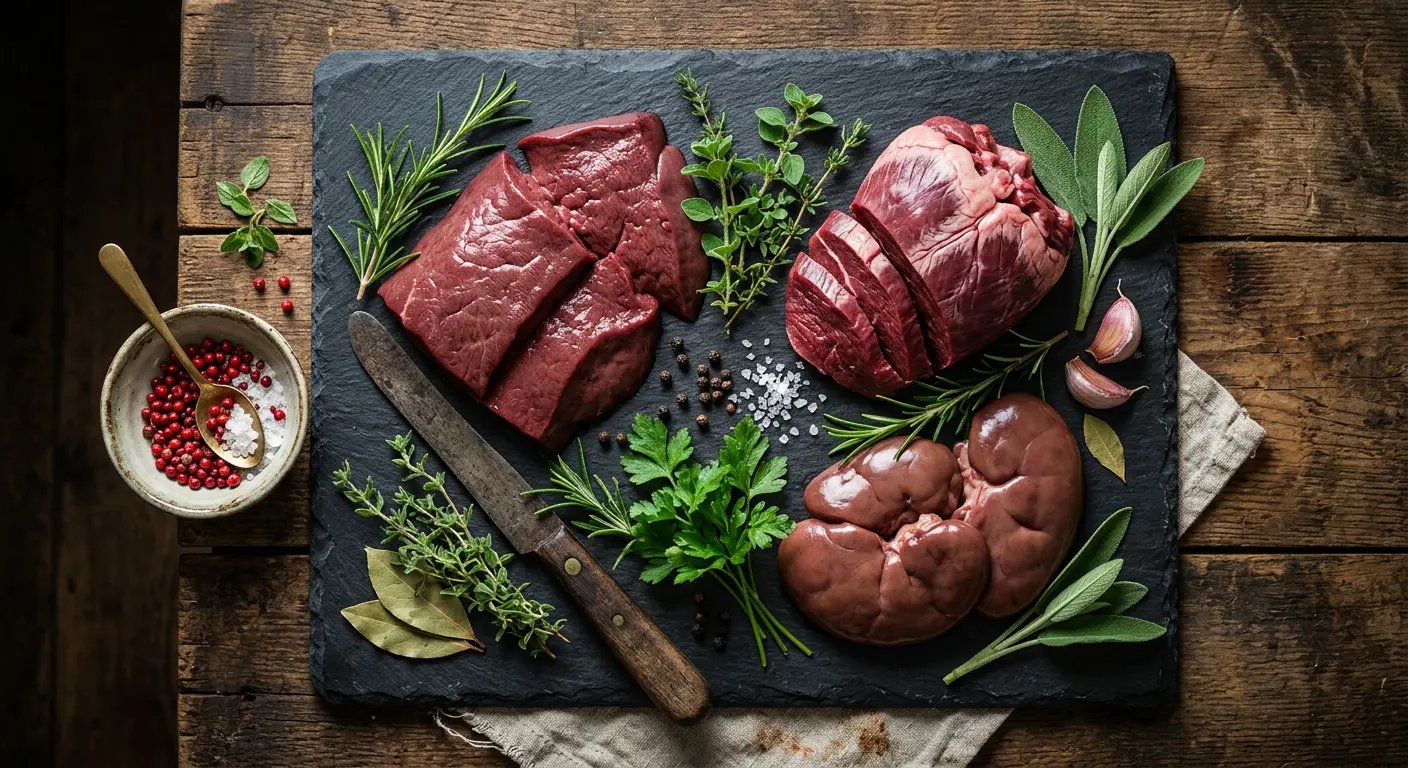 Nutrient-dense grass-fed beef organs on slate board
