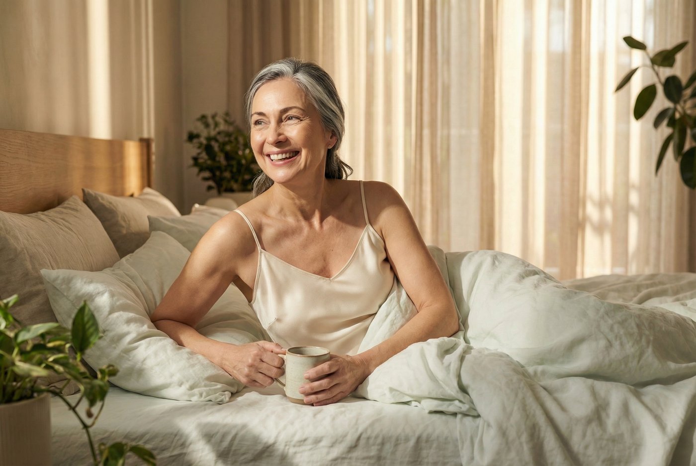 Woman waking up feeling genuinely refreshed and energised