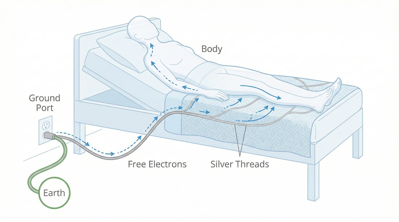 Diagram showing how a grounding sheet connects to the earth's electrical field through a wall outlet ground port