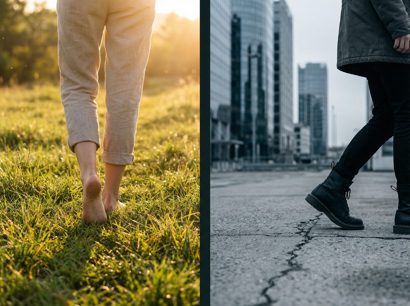 Barefoot on grass vs rubber shoes on concrete — the disconnection