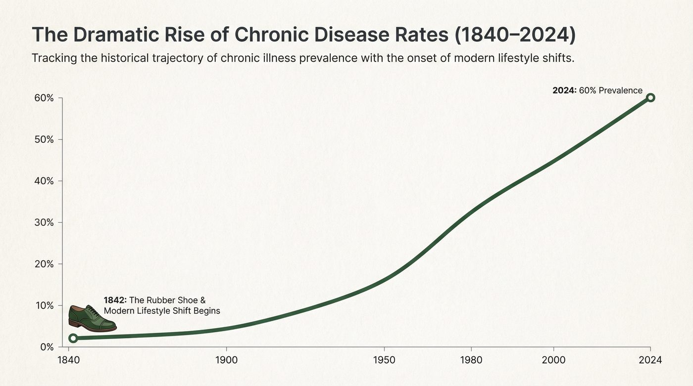 Chart showing chronic disease rates rising from 2% in 1840 to 60% in 2024