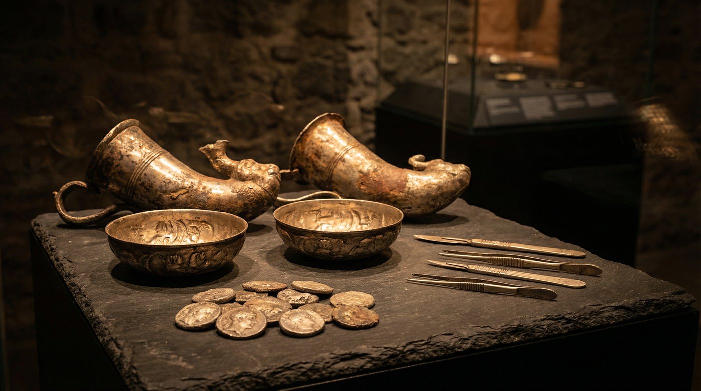 Ancient silver vessels, coins and surgical instruments