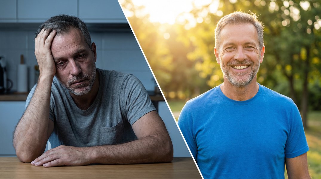 Man exhausted vs energized