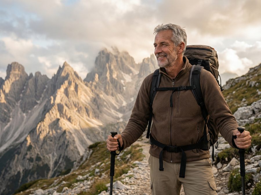 Active man hiking in mountains
